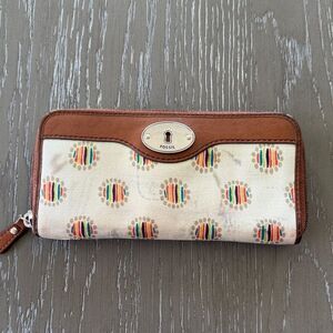Fossil Key-Per Y2K Brown and Cream Multi Patterned Wallet Leather Trim Casual